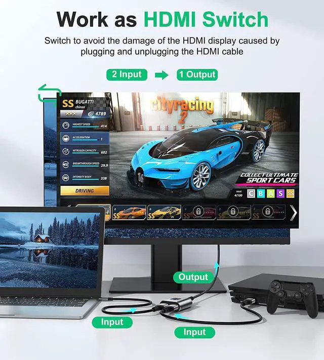 Alt view image 2 of 6 - HDMI Switch 4k HDMI Splitter-Aluminum Bidirectional HDMI Switcher HDMI Switch Splitter 2 in 1 Out Manual HDMI Hub Supports HD 4K@60hz for Blu-Ray-Player Fire Stick Xbox(Only ONE monitor)