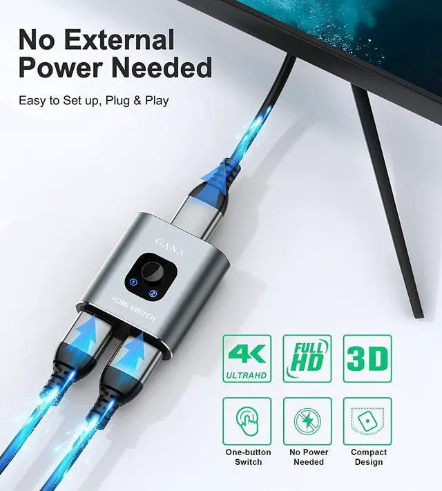 Alt view image 5 of 6 - HDMI Switch 4k HDMI Splitter-Aluminum Bidirectional HDMI Switcher HDMI Switch Splitter 2 in 1 Out Manual HDMI Hub Supports HD 4K@60hz for Blu-Ray-Player Fire Stick Xbox(Only ONE monitor)