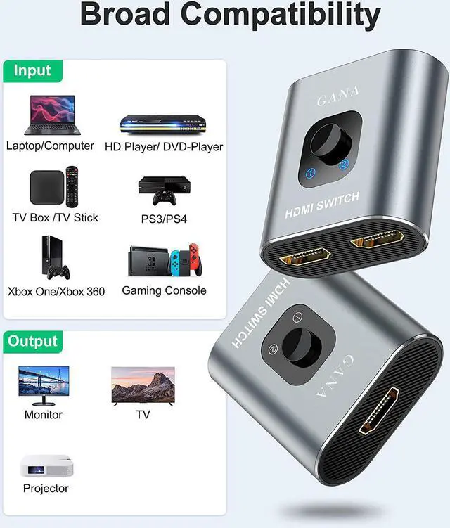 Alt view image 6 of 6 - HDMI Switch 4k HDMI Splitter-Aluminum Bidirectional HDMI Switcher HDMI Switch Splitter 2 in 1 Out Manual HDMI Hub Supports HD 4K@60hz for Blu-Ray-Player Fire Stick Xbox(Only ONE monitor)