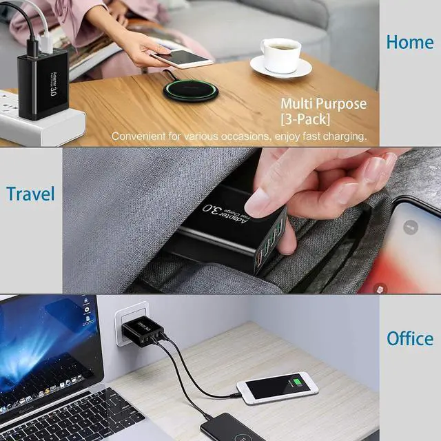 Alt view image 3 of 7 - Fast Charge 3.0 Wall Charger, 3-Pack iSeekerKit 4 Ports USB Wall Charger Adapter Fast USB Charging Block Compatible Wireless Charger, Samsung Galaxy S9/S8 Note 8/9, iPhone,Pad, Tablet (Black)