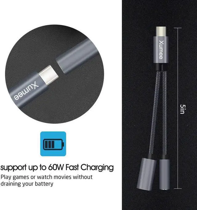 Alt view image 5 of 7 - USB Type C to 3.5mm Headphone and Charger Adapter 2-in-1 USB C to Aux Audio Jack Hi-Res DAC and Fast Charging Dongle Cable Compatible with iPhone 16/15 Pro Max Galaxy S25 S24 Ultra (Grey)