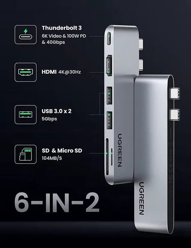 Alt view image 2 of 7 - UGREEN USB C Hub Adapter for MacBook Pro MacBook Air M1 2020 2019 2018 with 4K HDMI Thunderbolt 3 100W Power Delivery SD TF Card Reader and 2 USB 3.0 Ports, Silver