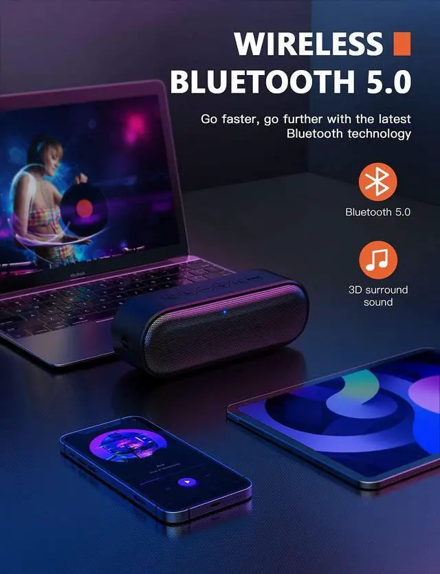 Alt view image 7 of 7 - LENRUE Bluetooth Speaker, Waterproof Portable Speakers Wireless with 14W HD Sound, IPX7 Waterproof, Rich Bass with Built-in Mic for iPhone, Home, Shower, Outdoors and Travel (Black)