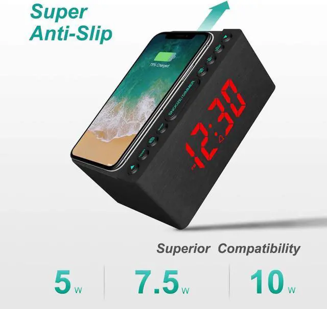 Alt view image 4 of 7 - ANJANK Wooden Digital Alarm Clock FM Radio,Qi Certified Fast Wireless Charger Station for iPhone/Samsung,Dimmable LED Display,USB Charging Port,Sleep Timer,Wood Modern Clock for Bedroom Bedside(Black)
