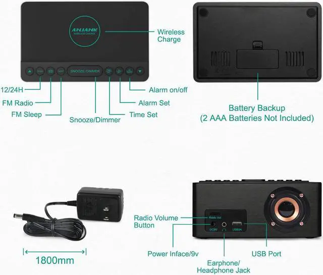 Alt view image 7 of 7 - ANJANK Wooden Digital Alarm Clock FM Radio,Qi Certified Fast Wireless Charger Station for iPhone/Samsung,Dimmable LED Display,USB Charging Port,Sleep Timer,Wood Modern Clock for Bedroom Bedside(Black)