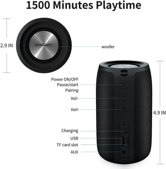 Alt view image 3 of 6 - Bluetooth Speaker,MusiBaby Speaker,Wireless,Outdoor,Waterproof,Portable Speaker,Dual Pairing,Bluetooth 5.0,Loud Stereo,Booming Bass,1500 Mins Playtime for Home&Party,Gifts(Blk)