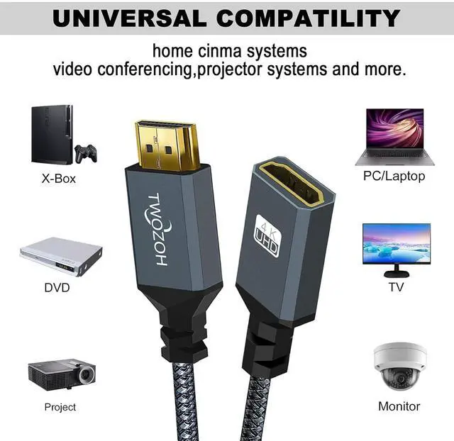 Alt view image 4 of 7 - HDMI Extension Cable 6.6FT HDMI Male to Female HDMI Cord HDMI 2.0 Cable Adapter Support 4K@60Hz 3D HDR