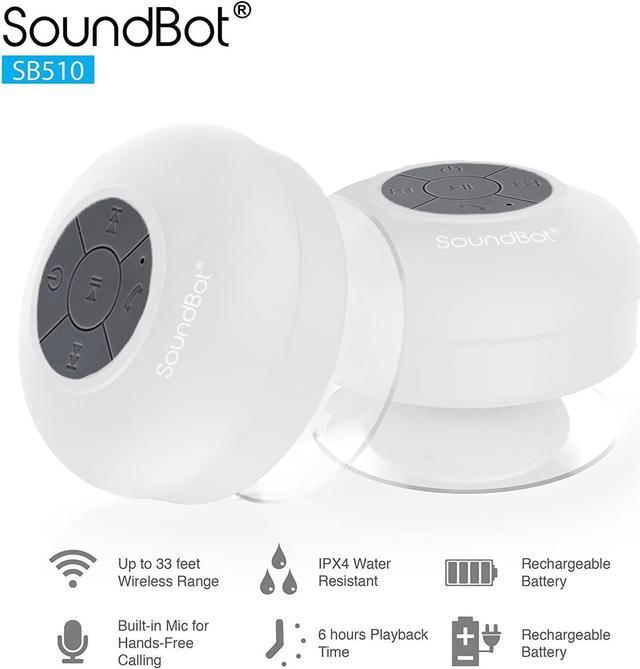 Alt view image 2 of 7 - Soundbot SB510 HD Water Resistant Bluetooth Shower Speaker, Handsfree Portable Speakerphone with Built-in Mic, 6hrs of Playtime, Control Buttons and Dedicated Suction Cup for Showers (White)