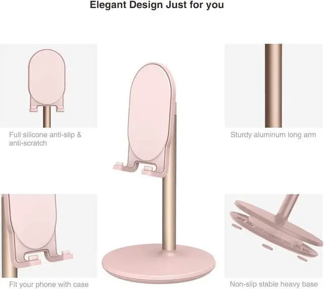 Alt view image 4 of 6 - Bright Stone Phone Stand for Desk, Adjustable Cell Phone Holder for Desk, Compatible with 4"-12.9" Phones/Tablet/iPhone/iPad/Switch (Pink), Welcome to consult