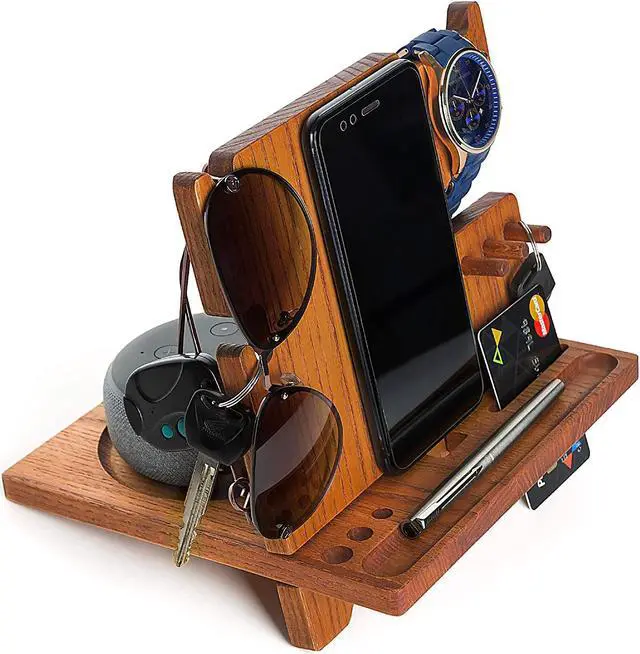 Main image of Wooden Phone Docking Station Desk Organizer Night Stand for iPhone Watch Sunglasses Keys Top Mens Anniversary Christmas for Dad Husband Men Him Fathers Day Present Bed Side Valet Tray