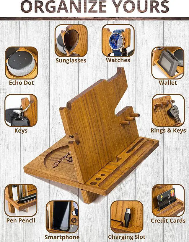 Alt view image 2 of 7 - Wooden Phone Docking Station Desk Organizer Night Stand for iPhone Watch Sunglasses Keys Top Mens Anniversary Christmas for Dad Husband Men Him Fathers Day Present Bed Side Valet Tray
