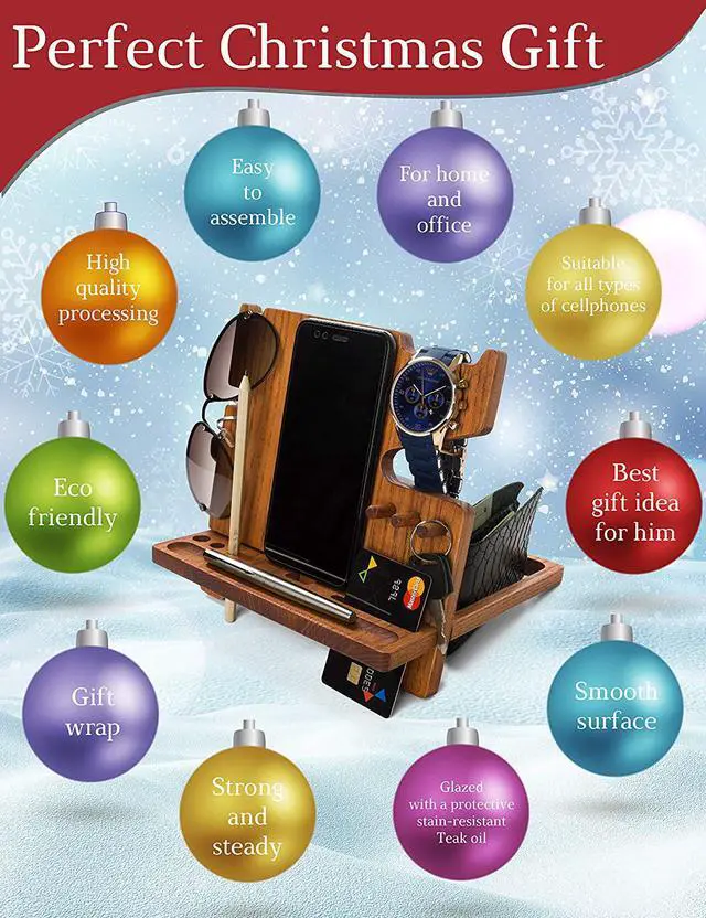 Alt view image 3 of 7 - Wooden Phone Docking Station Desk Organizer Night Stand for iPhone Watch Sunglasses Keys Top Mens Anniversary Christmas for Dad Husband Men Him Fathers Day Present Bed Side Valet Tray