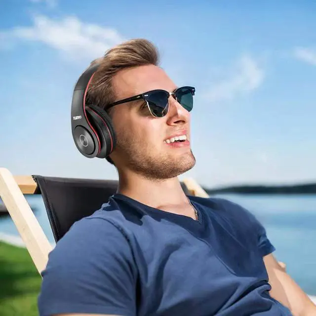 Alt view image 5 of 5 - TUINYO Bluetooth Headphones, Over Ear Stereo Wireless Headset 40H Playtime with Deep Bass,Soft Memory-Protein Earmuffs,Built-in Mic Wired Mode PC/Cell Phones-Black red