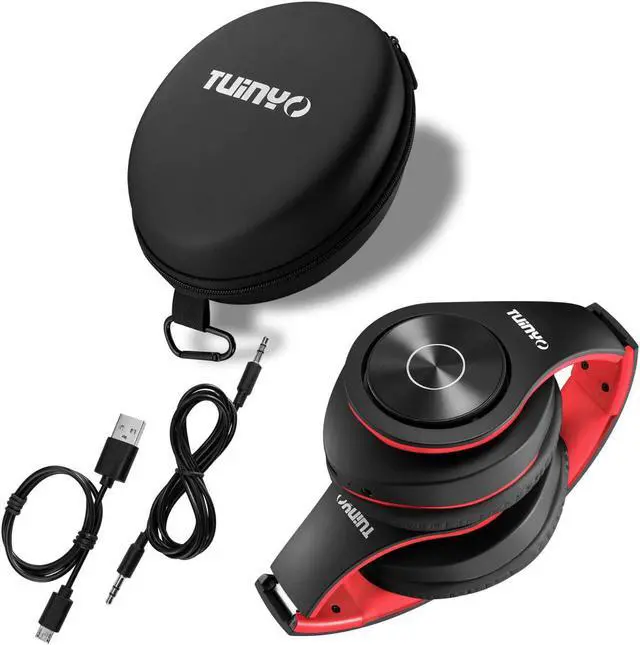 Alt view image 4 of 5 - TUINYO Bluetooth Headphones, Over Ear Stereo Wireless Headset 40H Playtime with Deep Bass,Soft Memory-Protein Earmuffs,Built-in Mic Wired Mode PC/Cell Phones-Black red