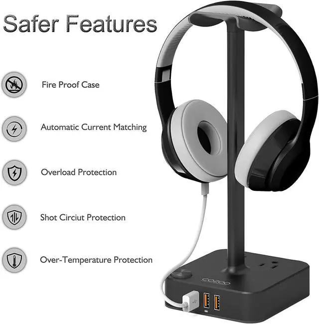 Alt view image 4 of 7 - cozoo Headphone Stand with USB Charger Desktop Gaming Headset Holder Hanger with 3 USB Charger and 2 Outlets - Suitable for Gaming, DJ, Wireless Earphone Display,Gaming Desk Accessories,Gifts for Him