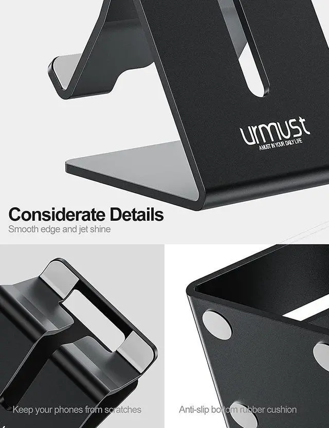 Alt view image 4 of 7 - Urmust Desk Cell Phone Stand Holder Aluminum Phone Dock Cradle Compatible with Switch, for iPhone 14 13 12 11 Pro Xs Xs Max Xr X 8 7 6 6s Plus 5 5s 5c, Office Decor Accessories Desk (Black)
