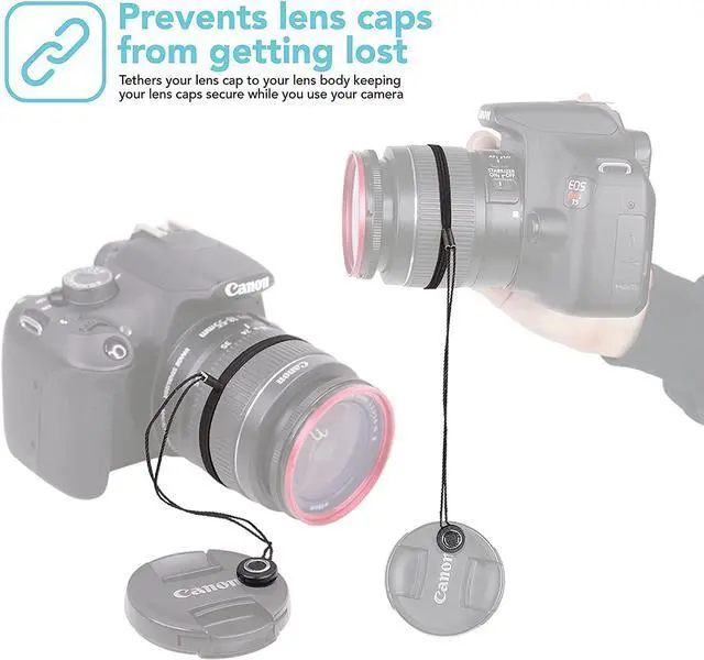 Alt view image 2 of 6 - Foto&Tech Camera Lens Cap Leash with Elastic String, Compatible with Universal DSLR SLR Evil Mirrorless Cameras Video (x3)
