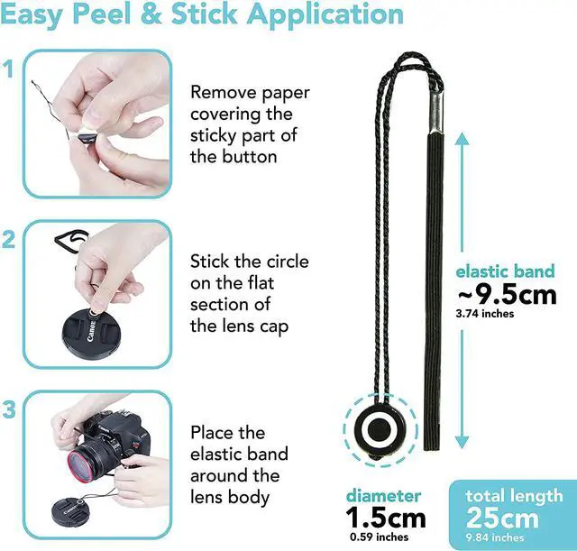 Alt view image 3 of 6 - Foto&Tech Camera Lens Cap Leash with Elastic String, Compatible with Universal DSLR SLR Evil Mirrorless Cameras Video (x3)