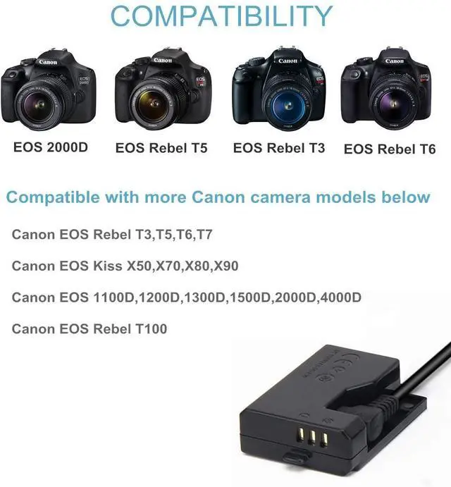 Alt view image 4 of 6 - Kimaru ACK-E10 DR-E10 DC Coupler LP-E10 Dummy Battery AC Power Adapter Kit for Canon EOS Rebel T3 T5 T6 T7 1100D 1200D 1300D 1500D 2000D,Kiss X50 X70 X80 X90 Cameras.