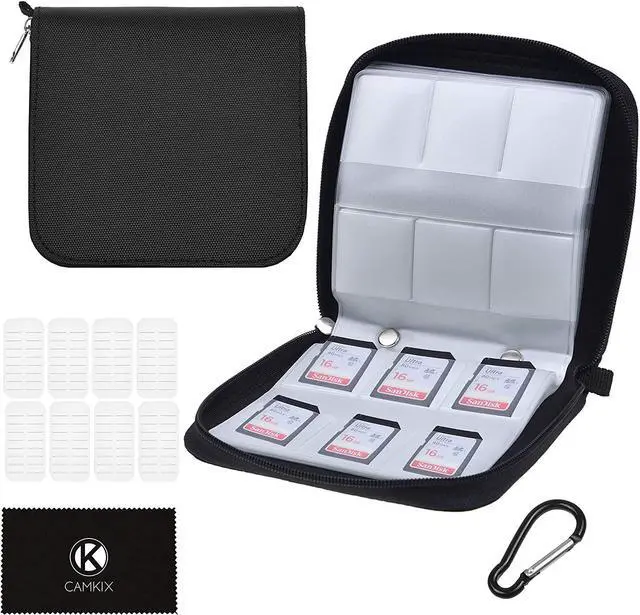 Main image of CamKix Memory Card Case - Fits up to 88x SD, SDHC, Micro SD, Mini SD and 4X CF - Holder with 88 Slots (8 Pages) - for Storage and Travel - Microfiber Cleaning Cloth, Carabiner and Labels Included