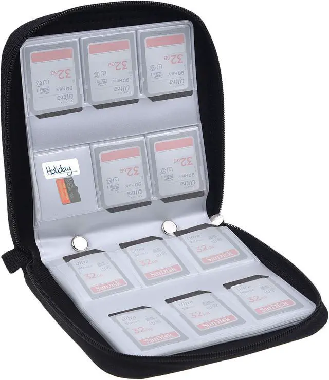 Alt view image 2 of 7 - CamKix Memory Card Case - Fits up to 88x SD, SDHC, Micro SD, Mini SD and 4X CF - Holder with 88 Slots (8 Pages) - for Storage and Travel - Microfiber Cleaning Cloth, Carabiner and Labels Included