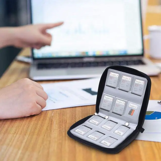 Alt view image 7 of 7 - CamKix Memory Card Case - Fits up to 88x SD, SDHC, Micro SD, Mini SD and 4X CF - Holder with 88 Slots (8 Pages) - for Storage and Travel - Microfiber Cleaning Cloth, Carabiner and Labels Included