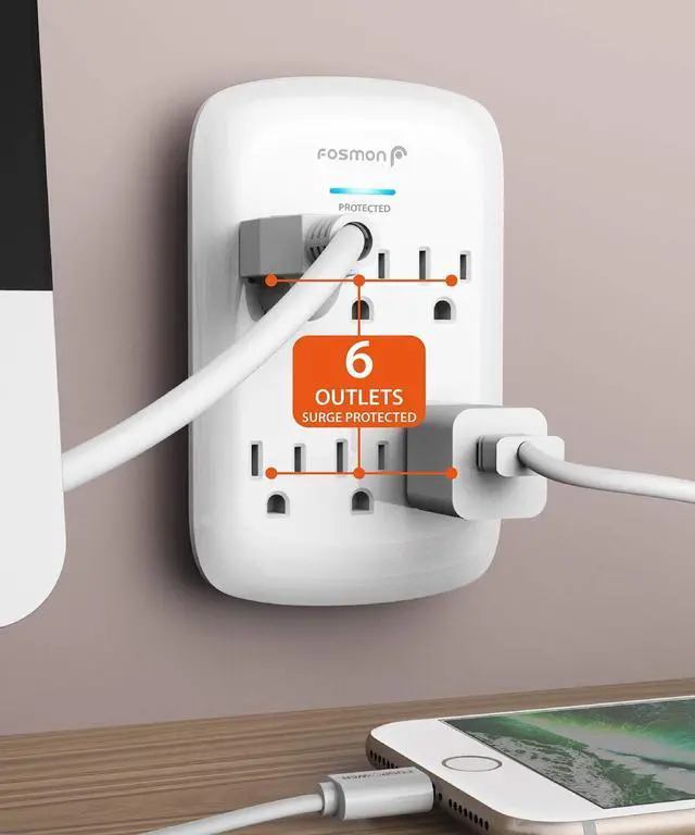 Alt view image 3 of 7 - Fosmon 6-Outlet Power Strip Surge Protector 1200 Joules, Wall Mount Adapter Tap, Multi-Plug Outlet Wall Charger Extender, Charging Station, ETL Listed for Home, Dorm Room & Office (2 Pack) - White