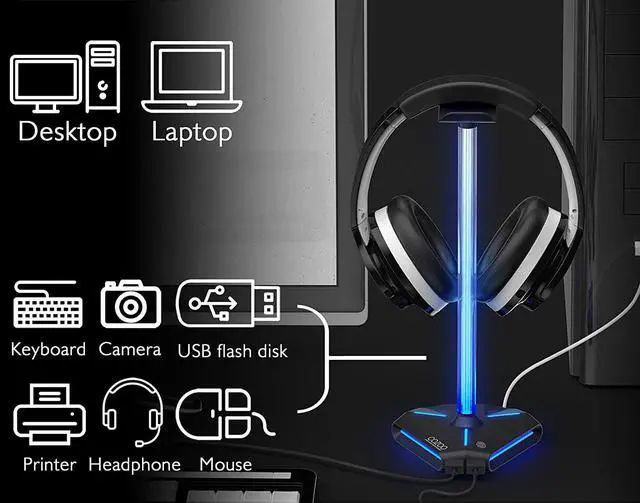 Alt view image 5 of 7 - COZOO RGB Headphone Stand with 2 USB2.0 Extension Charging Port Extender Cord Headset Stand Holder for Gamer Desktop Table Game Earphone Accessories PC Gaming Accessories for Gamer Gifts for Boyfriend