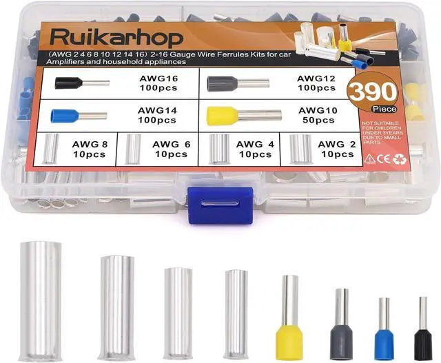 Main image of 390pcs AWG (2 4 6 8 10 12 14 16) Wire Ferrules Kits Crimp Terminal Connector Kits
