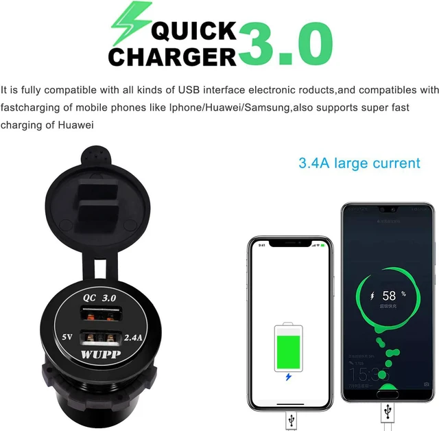 Alt view image 2 of 7 - BlueFire Aluminum Alloy Fast Charging 3.0 USB Charger Socket IP66 Waterproof Dual USB Power Outlet with QC 3.0 USB Port & 5V 2.4A Port Led Light for Car Boat Marine RV Motorcycle(Blue)