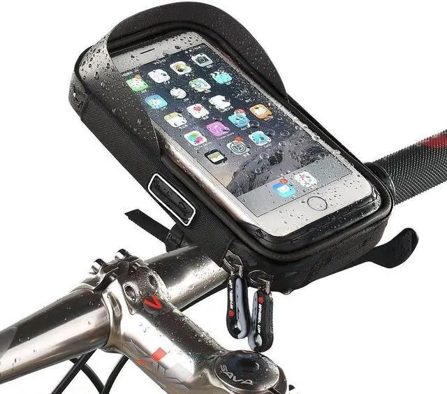 Main image of Bike Handlebar Bag, Universal Waterproof Bicycle Cell Phone Pouch Motorcycle Handlebar Phone Mount Holder Stand Cradle with 360 Rotate for iPhone 13 12 11 Pro Max XS XR Samsung Smartphone up to 6.5''