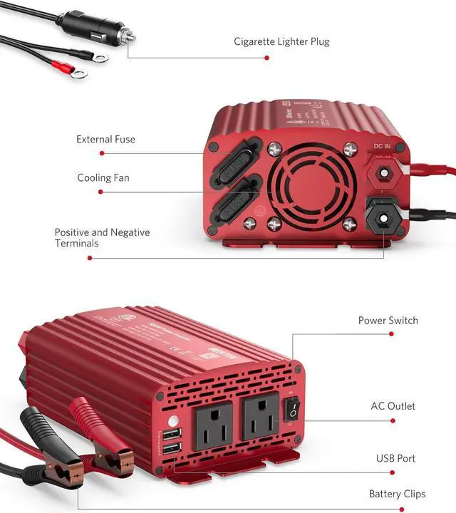 Alt view image 5 of 7 - 500W Power Inverter DC 12V to 110V AC Converter with Alligator Battery Clamp 4.8A Dual USB Car Charger ETL Listed