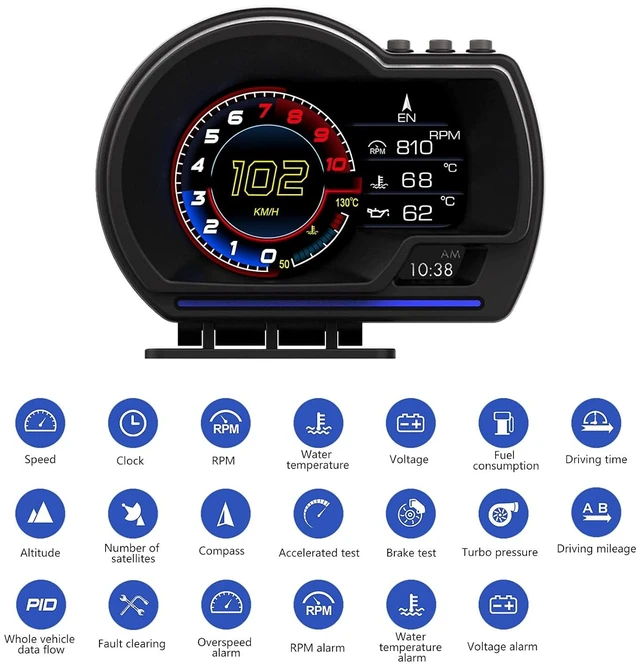 Alt view image 3 of 7 - Head Up Display for Car, OBD2+GPS Dual System, OBD2 Gauge Display, GPS Speedometer, Tachometer, Water Temp, Volt, Overspeed Alarm Fault Diagnosis