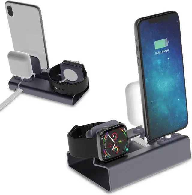 Alt view image 3 of 7 - Sincetop 3 in 1 Charging Stand for Apple Watch Series 8/7/SE/6/5/4/3/2/1 iPhone Airpods, Aluminum Charging Station for Apple Devices Watch Charger Dock Support iWatch NightStand Mode-Gray
