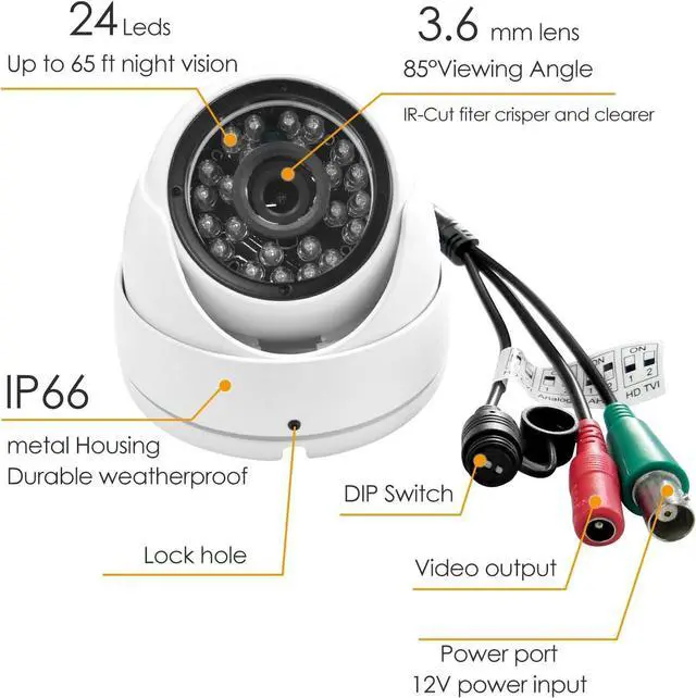 Alt view image 2 of 6 - Analog CCTV Camera HD 1080P 4-in-1 (TVI/AHD/CVI/960H Analog) Security Dome Camera Outdoor Metal Housing, 24 IR-LEDs True Day & Night Monitoring 3.6mm Lens (White)