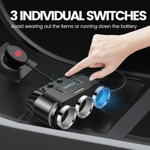 Alt view image 4 of 7 - YANTU Corded Car Charger 3 Socket Cigarette Lighter Splitter Dual USB Car Charger with LED Voltage Monitor and Separate Switch Compatible for Most Phones and Other USB Devices