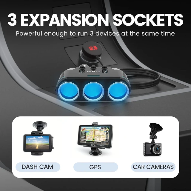 Alt view image 3 of 7 - YANTU Corded Car Charger 3 Socket Cigarette Lighter Splitter Dual USB Car Charger with LED Voltage Monitor and Separate Switch Compatible for Most Phones and Other USB Devices