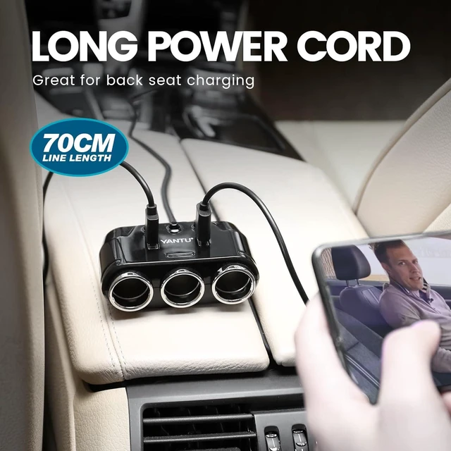 Alt view image 7 of 7 - YANTU Corded Car Charger 3 Socket Cigarette Lighter Splitter Dual USB Car Charger with LED Voltage Monitor and Separate Switch Compatible for Most Phones and Other USB Devices
