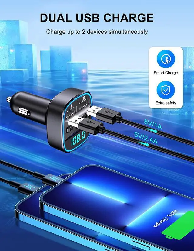 Alt view image 2 of 7 - (Upgraded) COMSOON FM Transmitter, Bluetooth Car Adapter MP3 Player, Hands-Free Calling, Dual USB Ports (5V/2.4A & 1A), LED Screen, Support SD/TF Card Flash Drive