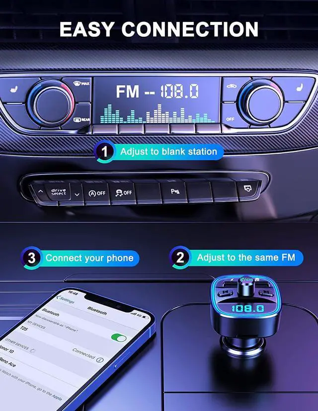 Alt view image 5 of 7 - (Upgraded) COMSOON FM Transmitter, Bluetooth Car Adapter MP3 Player, Hands-Free Calling, Dual USB Ports (5V/2.4A & 1A), LED Screen, Support SD/TF Card Flash Drive