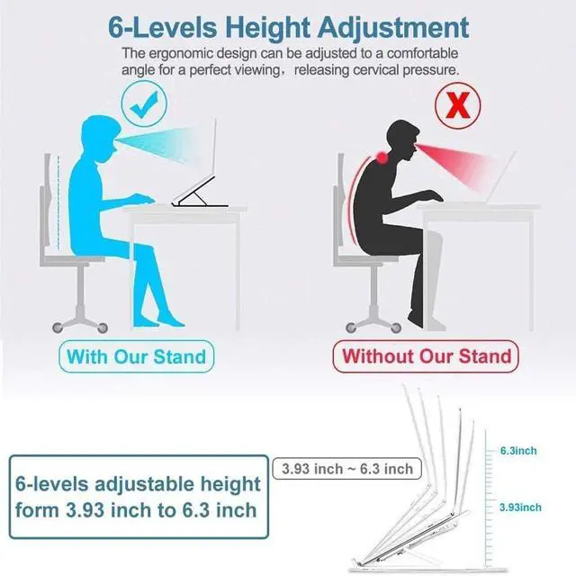 Alt view image 4 of 7 - Laptop Stand , Laptop Riser for Desk Portable Desktop Laptop Holder for Desk and Bed, 6-Levels Angles Adjustable Height Notebook Mount, ABS&Containing Metals Stable PC Riser for Laptops&Tablets Comp