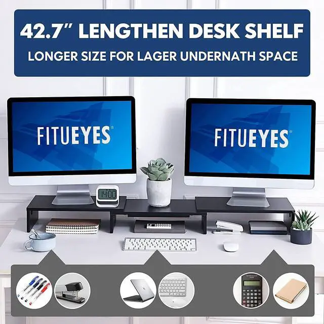 Alt view image 6 of 7 - FITUEYES Dual Monitor Stand  3 Shelf Computer Monitor Riser, Wood Desktop Stand with Adjustable Length and Angle, Desk Accessories, Office Supplies Medium Black,DT108001WB
