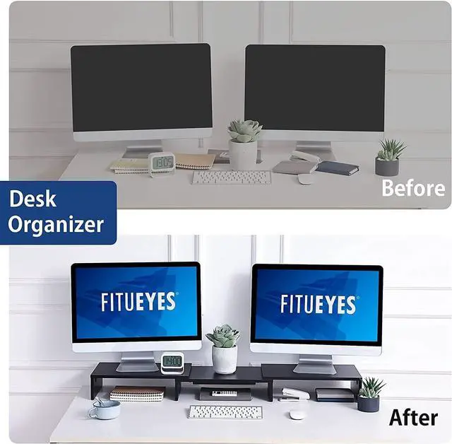 Alt view image 7 of 7 - FITUEYES Dual Monitor Stand  3 Shelf Computer Monitor Riser, Wood Desktop Stand with Adjustable Length and Angle, Desk Accessories, Office Supplies Medium Black,DT108001WB
