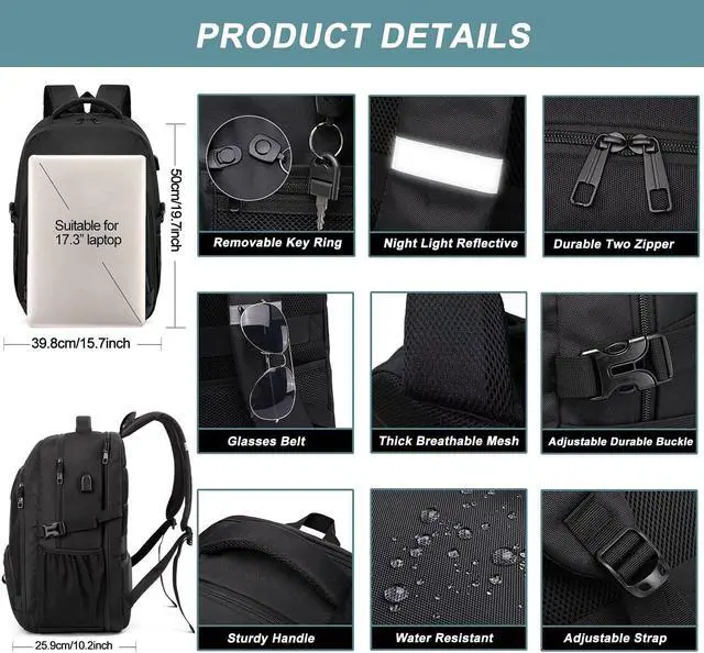 Alt view image 5 of 7 - Extra Large Backpack for Men 50L,Water Resistant 17 inch Travel Laptop Backpack Bag for Men Women with USB Charging Port,TSA Friendly Big Business Computer Bag Work College School Bookbags Gift,Black