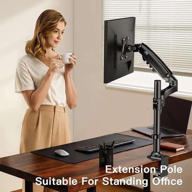 Alt view image 3 of 7 - HUANUO Single Monitor Stand - Gas Spring Single Arm Monitor Desk Mount Fit 17 to 32 inch Screens, Height Adjustable VESA Bracket with Clamp, Grommet Mounting Base, Hold up to 19.8lbs