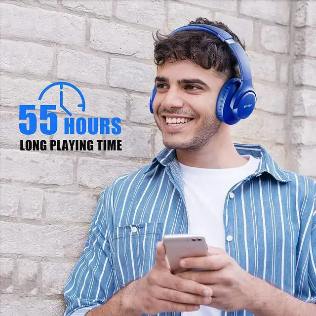 Alt view image 5 of 7 - Bluetooth Headphones Over Ear,KVIDIO 55 Hours Playtime Wireless Headphones with Microphone,Foldable Lightweight Headset with Deep Bass,HiFi Stereo Sound for Travel Work Laptop PC Cellphone (Blue)