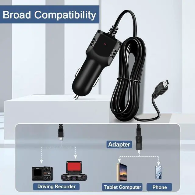 Alt view image 2 of 7 - Dash Camera Car Charger, Mini USB and Micro USB Interfaces, Driving Recorders Power Cord Universal Car Adapter Power Cord 3.5m/11.5ft 12V/24V to DC5V 2A(I Interface)