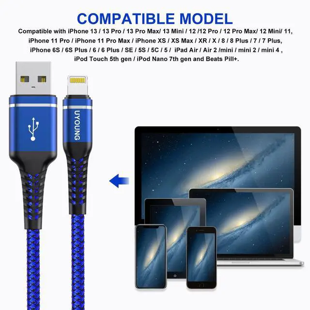 Alt view image 5 of 7 - Lightning Cable 10 ft 3Pack Blue Long iPhone Charger Cord 10 Foot Nylon Braided Power Charging Cord Compatible with iPhone 13/12/11/X/XS/XR/XS Max/8/7/6/5S/SE/iPad Pro/Mini/Air