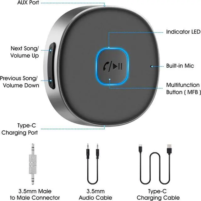 Alt view image 2 of 7 - Bluetooth Receiver Wireless Portable 3.5mm Aux Car Adapter Bluetooth 5.0 Wireless Audio Receiver for Car/Home Stereo/Wired Headphones/Speaker 16H Battery Life