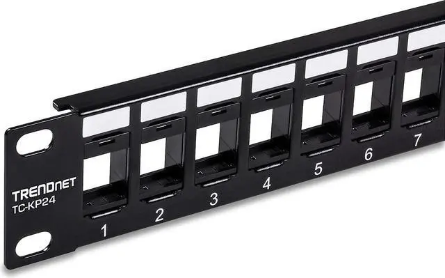 Main image of TRENDnet 24-Port Blank Keystone 1U Patch Panel, 1U 19" Metal Rackmount Housing, Recommended With TC-K25C6 & TC-K50C6 Cat6 Keystone Jacks (Sold Separately), Black, TC-KP24